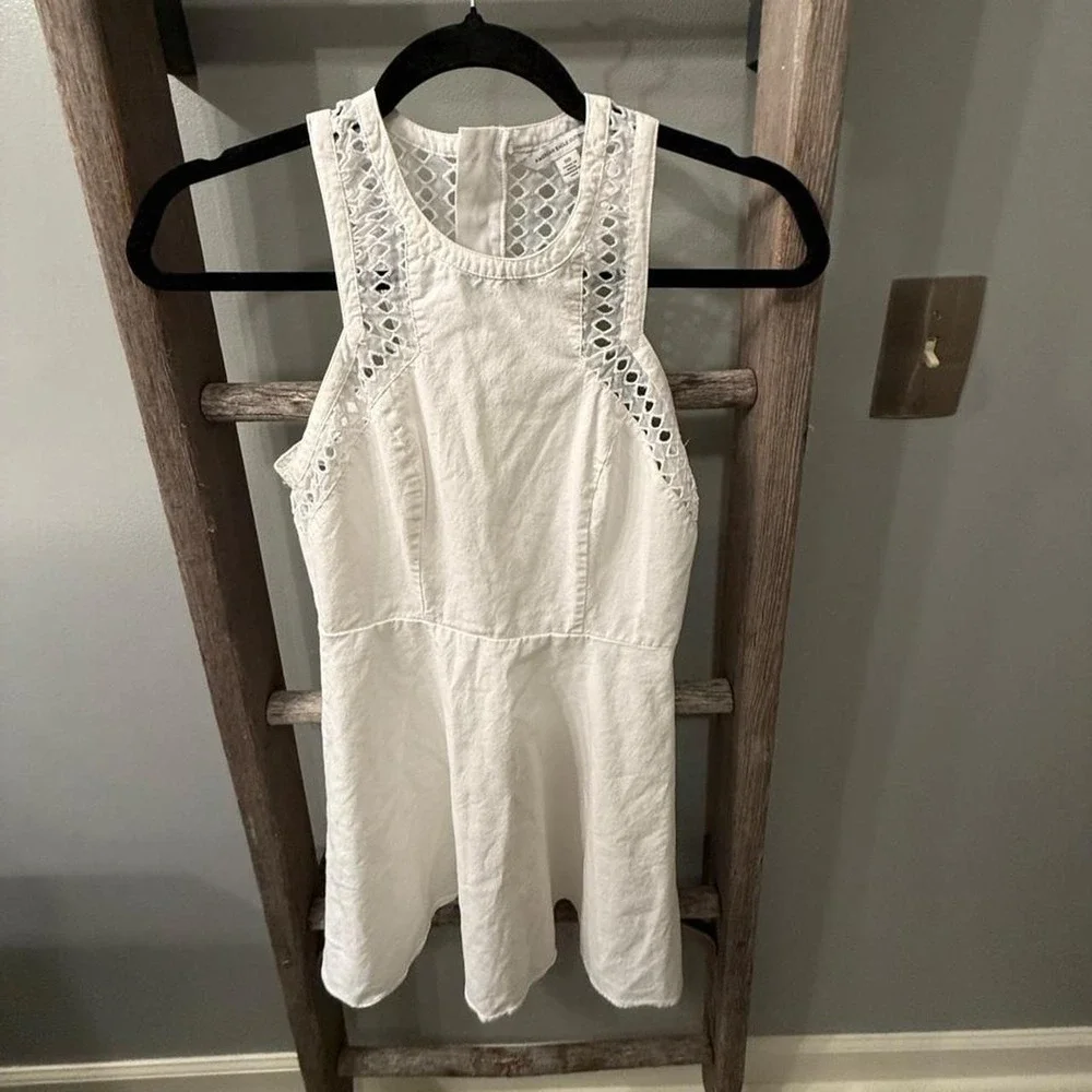 American Eagle white mini eyelet cotton dress with lace trim on the neckline